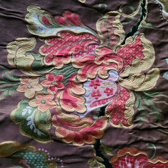 Vintage Tapestry Upholstery Fabric 1-1/3 Yards Bright Floral on Brown Background - Picture 1 of 5